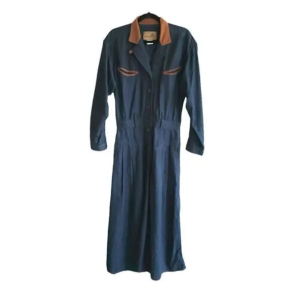 (SOLD) LIZ CLAIBORNE VINTAGE Western Denim Long Sleeve Midi Dress Blue Brown 8 - Picture 2 of 7